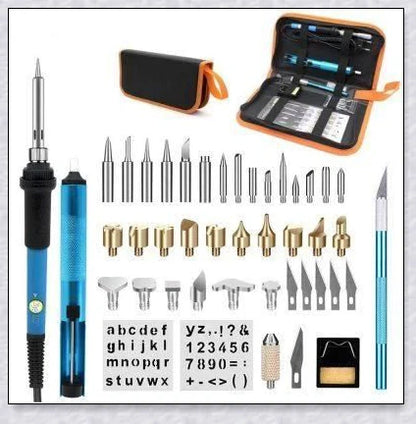 A wood burning kit with adjustable temperature control, premium metal stencils, and a variety of accessories for personalized crafting and DIY projects.