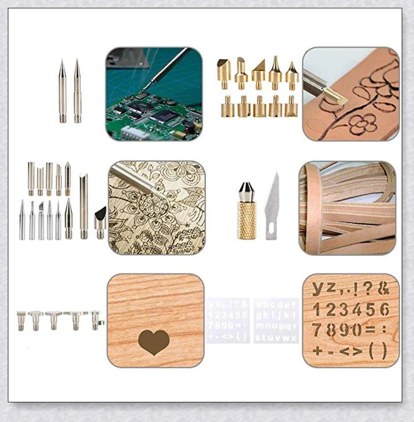 A wood burning kit with adjustable temperature control, premium metal stencils, and a variety of accessories for personalized crafting and DIY projects.