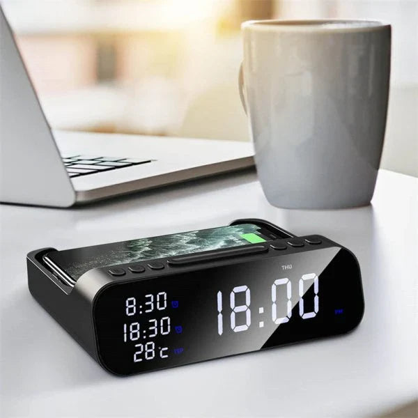 15W 3-in-1 Wireless Charger, Alarm Clock, and Thermometer - Fast Charging Station with Sleek Design and Convenient Features