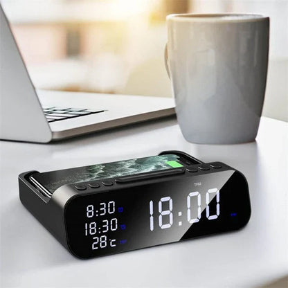 15W 3-in-1 Wireless Charger, Alarm Clock, and Thermometer - Fast Charging Station with Sleek Design and Convenient Features