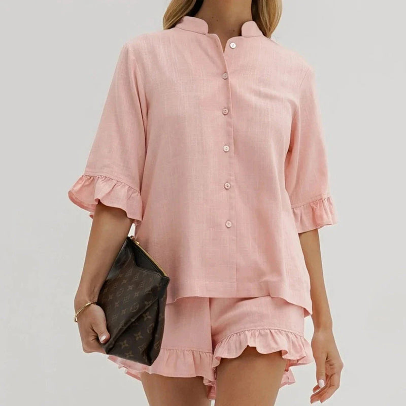 Hhomeenjoy Elegant Summer Pink Cotton 2-Piece Set