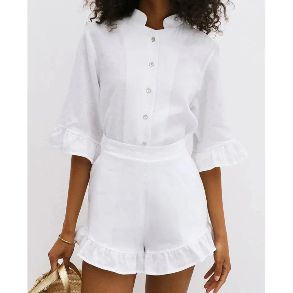 Elegant Summer Pink Cotton 2-Piece Set - Premium Cotton Outfit with Ruffle Shorts and Stand Collar Shirt