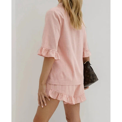 Elegant Summer Pink Cotton 2-Piece Set - Premium Cotton Outfit with Ruffle Shorts and Stand Collar Shirt