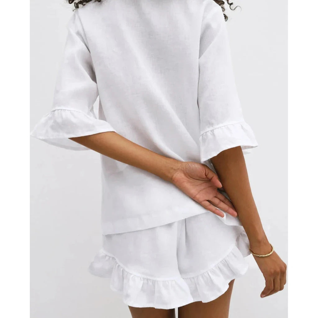 Elegant Summer Pink Cotton 2-Piece Set - Premium Cotton Outfit with Ruffle Shorts and Stand Collar Shirt