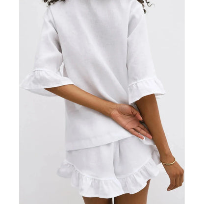 Elegant Summer Pink Cotton 2-Piece Set - Premium Cotton Outfit with Ruffle Shorts and Stand Collar Shirt