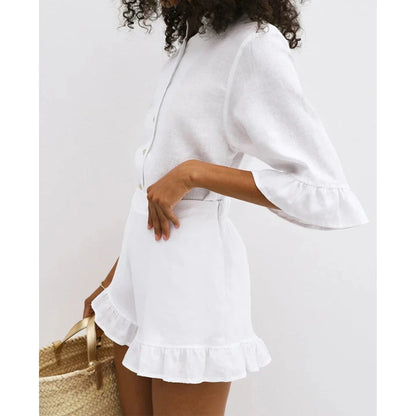 Elegant Summer Pink Cotton 2-Piece Set - Premium Cotton Outfit with Ruffle Shorts and Stand Collar Shirt