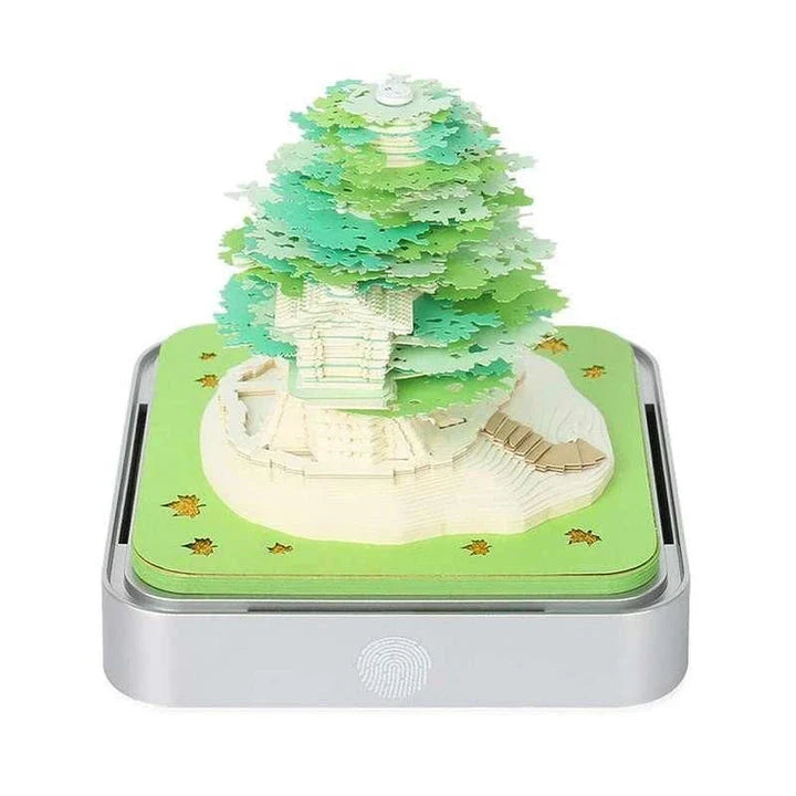 2024 Calendar Memo Pad with 3D paper art designs, including a Romantic Cherry Blossom Tree with Lights, used as a desk calendar, notepad, and decorative sculpture