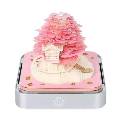 2024 Calendar Memo Pad with 3D paper art designs, including a Romantic Cherry Blossom Tree with Lights, used as a desk calendar, notepad, and decorative sculpture