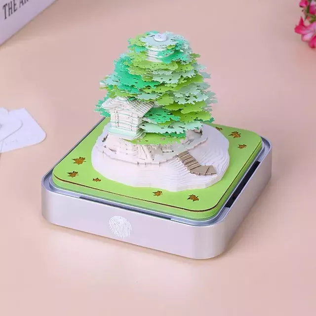 2024 Calendar Memo Pad with 3D paper art designs, including a Romantic Cherry Blossom Tree with Lights, used as a desk calendar, notepad, and decorative sculpture