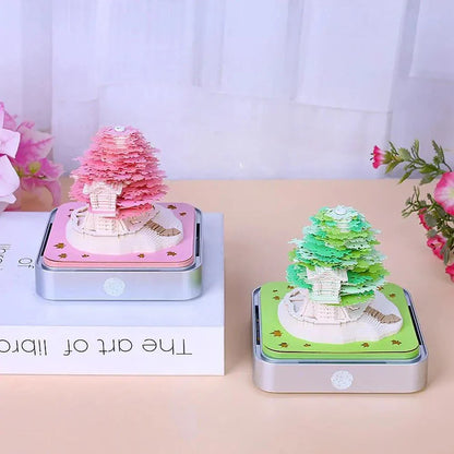 2024 Calendar Memo Pad with 3D paper art designs, including a Romantic Cherry Blossom Tree with Lights, used as a desk calendar, notepad, and decorative sculpture