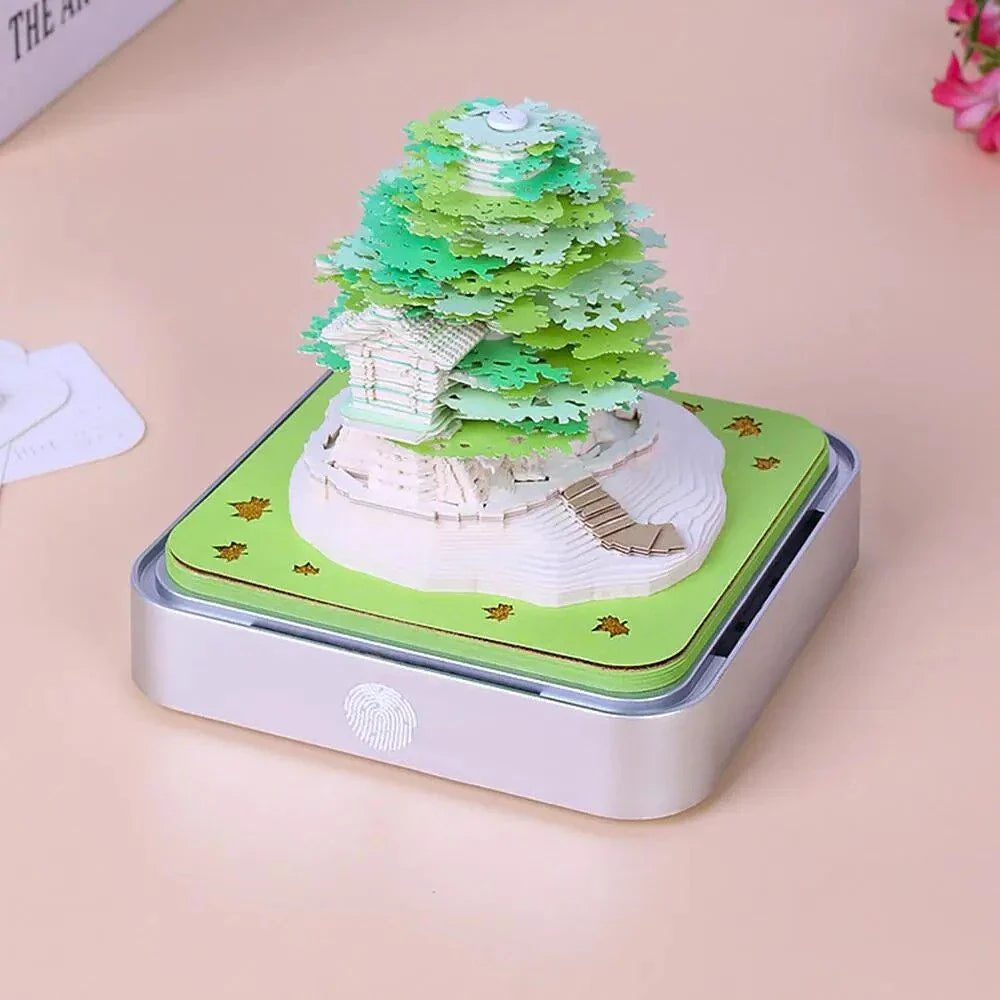2024 Calendar Memo Pad with 3D paper art designs, including a Romantic Cherry Blossom Tree with Lights, used as a desk calendar, notepad, and decorative sculpture