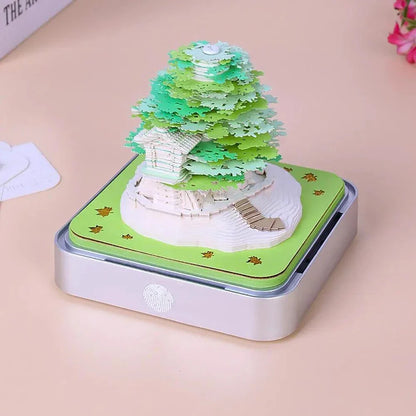 2024 Calendar Memo Pad with 3D paper art designs, including a Romantic Cherry Blossom Tree with Lights, used as a desk calendar, notepad, and decorative sculpture