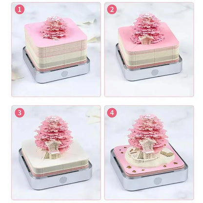 2024 Calendar Memo Pad with 3D paper art designs, including a Romantic Cherry Blossom Tree with Lights, used as a desk calendar, notepad, and decorative sculpture