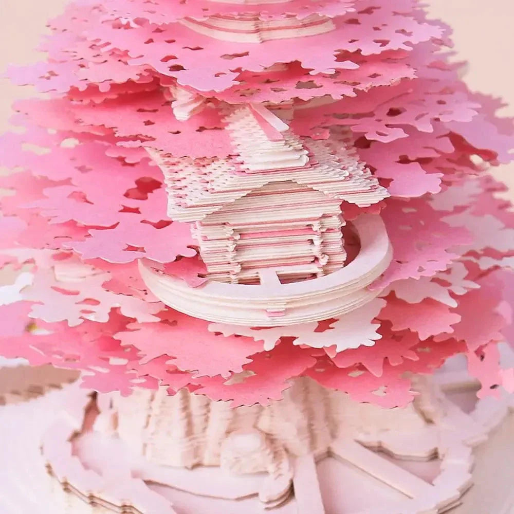 2024 Calendar Memo Pad with 3D paper art designs, including a Romantic Cherry Blossom Tree with Lights, used as a desk calendar, notepad, and decorative sculpture