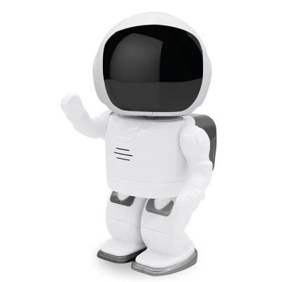 Astronaut-inspired home security robot with night vision, motion detection, and two-way audio for comprehensive surveillance and communication.
