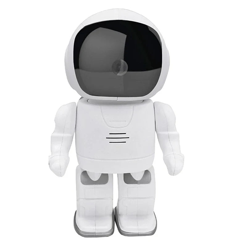 Astronaut-inspired home security robot with night vision, motion detection, and two-way audio for comprehensive surveillance and communication.