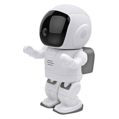 Astronaut-inspired home security robot with night vision, motion detection, and two-way audio for comprehensive surveillance and communication.