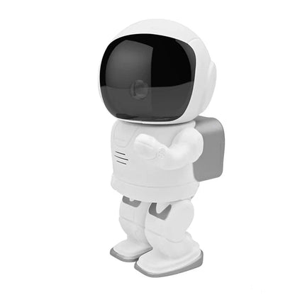 Astronaut-inspired home security robot with night vision, motion detection, and two-way audio for comprehensive surveillance and communication.