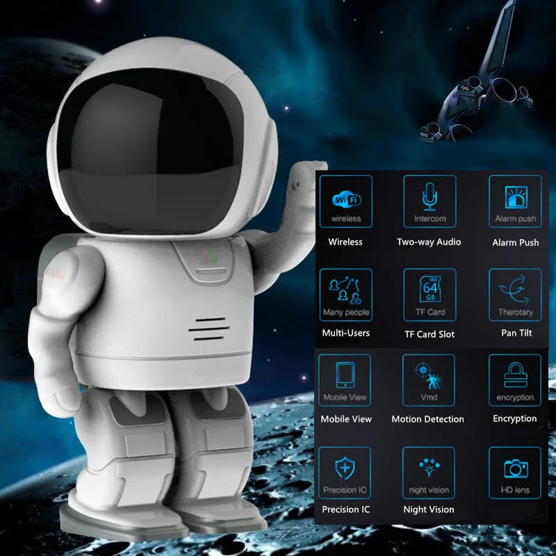 Astronaut-inspired home security robot with night vision, motion detection, and two-way audio for comprehensive surveillance and communication.