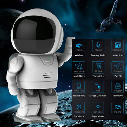 Astronaut-inspired home security robot with night vision, motion detection, and two-way audio for comprehensive surveillance and communication.