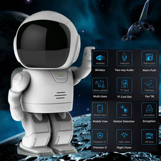 Astronaut-inspired home security robot with night vision, motion detection, and two-way audio for comprehensive surveillance and communication.