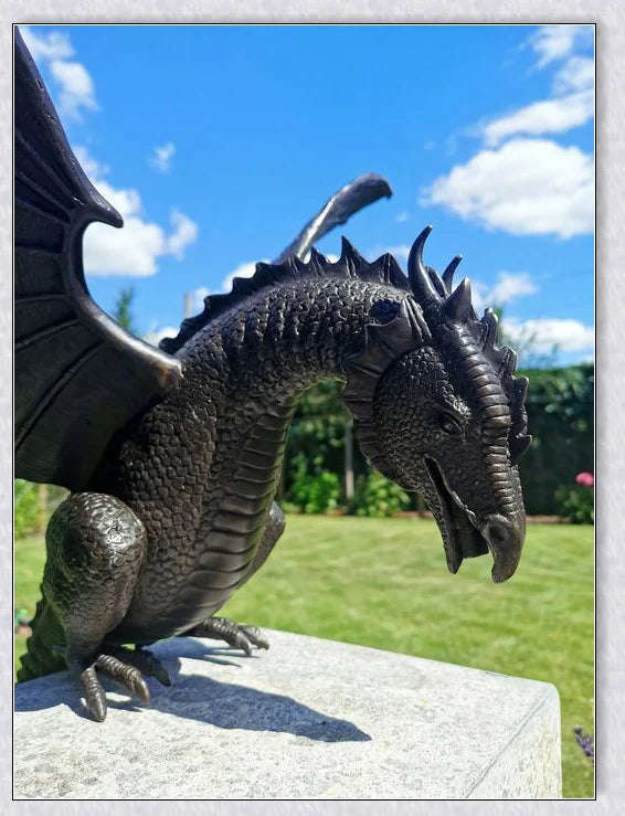 Precision-crafted fire-breathing dragon sculpture serving as a captivating water feature in a lush garden setting