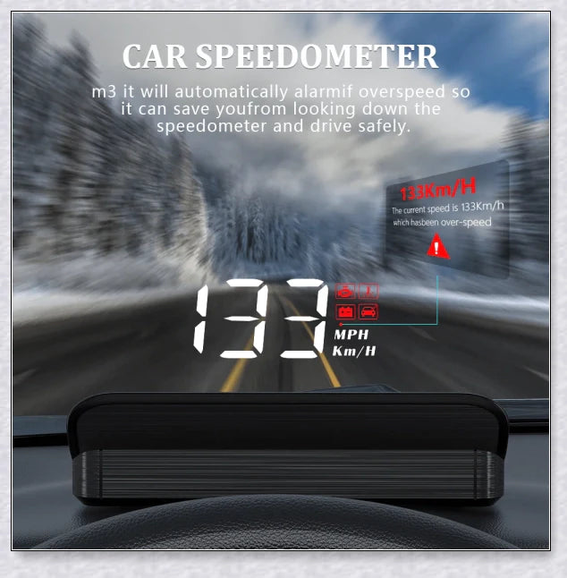 M3 Auto OBD2 GPS Head Up Display for Cars with real-time speed, compass, and satellite icon display