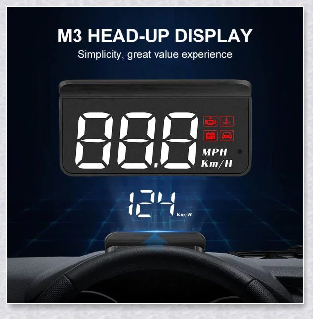 M3 Auto OBD2 GPS Head Up Display for Cars with real-time speed, compass, and satellite icon display