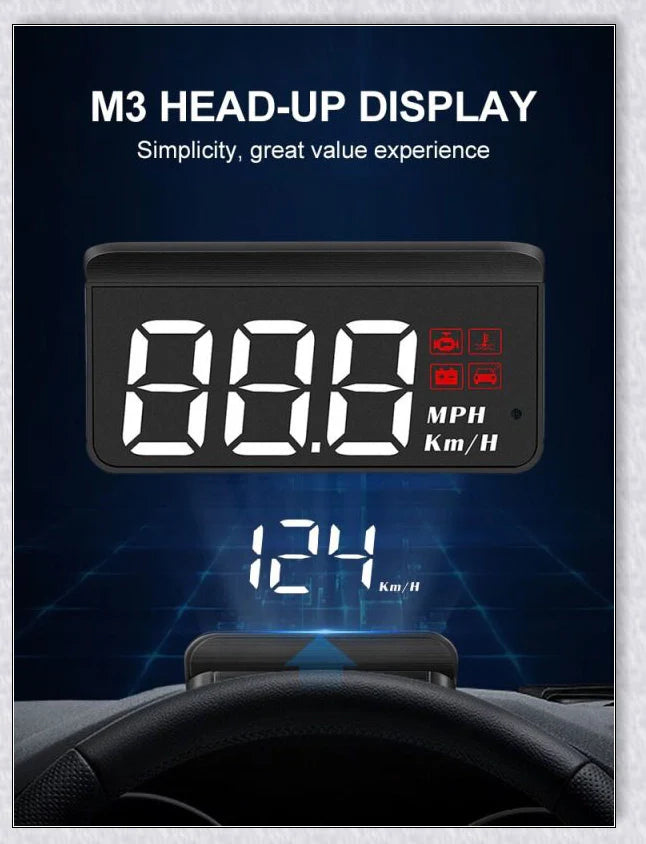 M3 Auto OBD2 GPS Head Up Display for Cars with real-time speed, compass, and satellite icon display