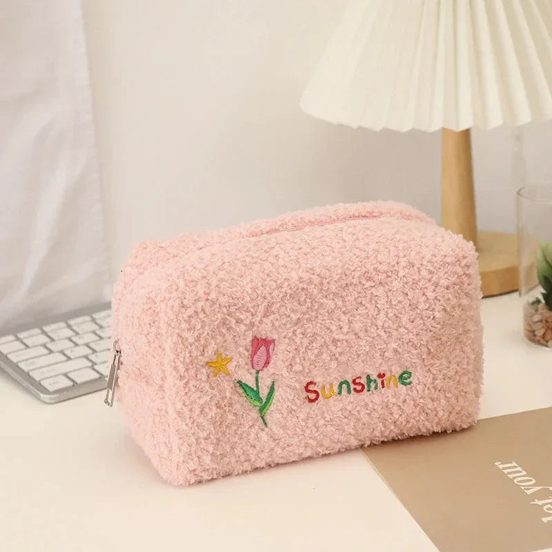 Cute Embroidered Flowers Cosmetic Bag in Ivory Color with Plush Material and Secure Zipper Closure