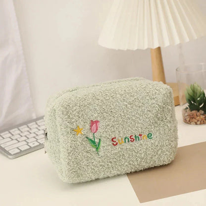 Cute Embroidered Flowers Cosmetic Bag in Ivory Color with Plush Material and Secure Zipper Closure