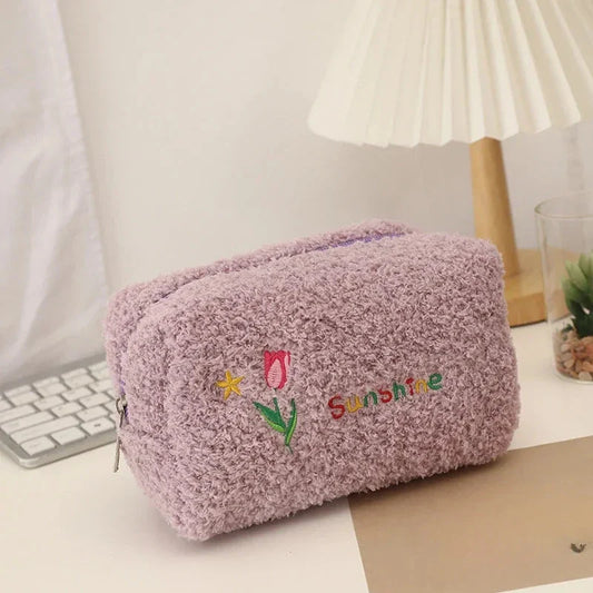 Cute Embroidered Flowers Cosmetic Bag in Ivory Color with Plush Material and Secure Zipper Closure