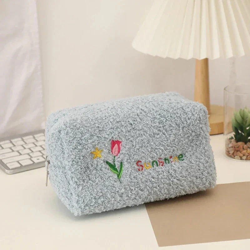 Cute Embroidered Flowers Cosmetic Bag in Ivory Color with Plush Material and Secure Zipper Closure