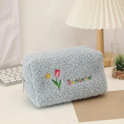 Cute Embroidered Flowers Cosmetic Bag in Ivory Color with Plush Material and Secure Zipper Closure