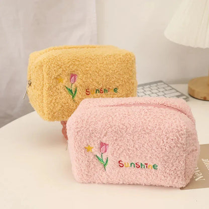 Cute Embroidered Flowers Cosmetic Bag in Ivory Color with Plush Material and Secure Zipper Closure
