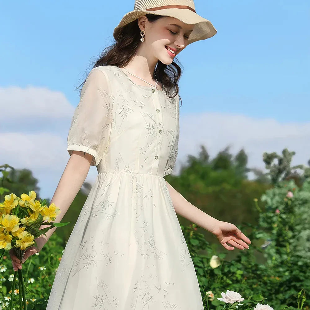 Elegant French Floral Square Neck Summer Dress with Parisian Chic Style