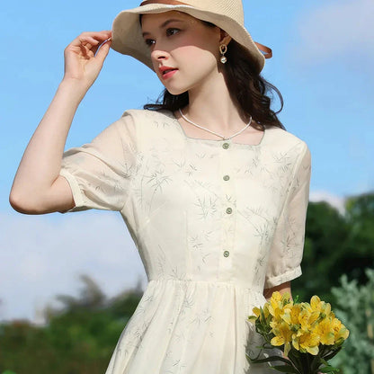 Elegant French Floral Square Neck Summer Dress with Parisian Chic Style