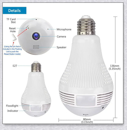 HD 1080P 360 degree panoramic wifi security camera light bulb for discreet home and office monitoring