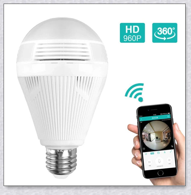 HD 1080P 360 degree panoramic wifi security camera light bulb for discreet home and office monitoring