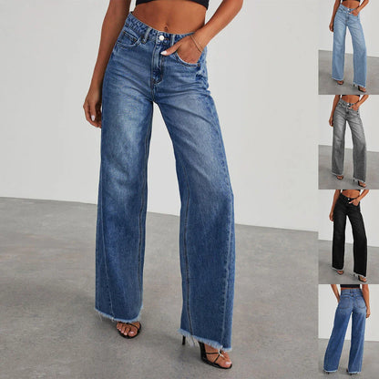 A pair of high-waisted jeans with pockets, designed for a comfortable and stylish fit.