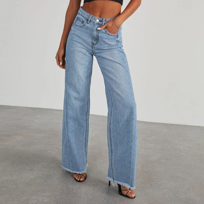 A pair of high-waisted jeans with pockets, designed for a comfortable and stylish fit.