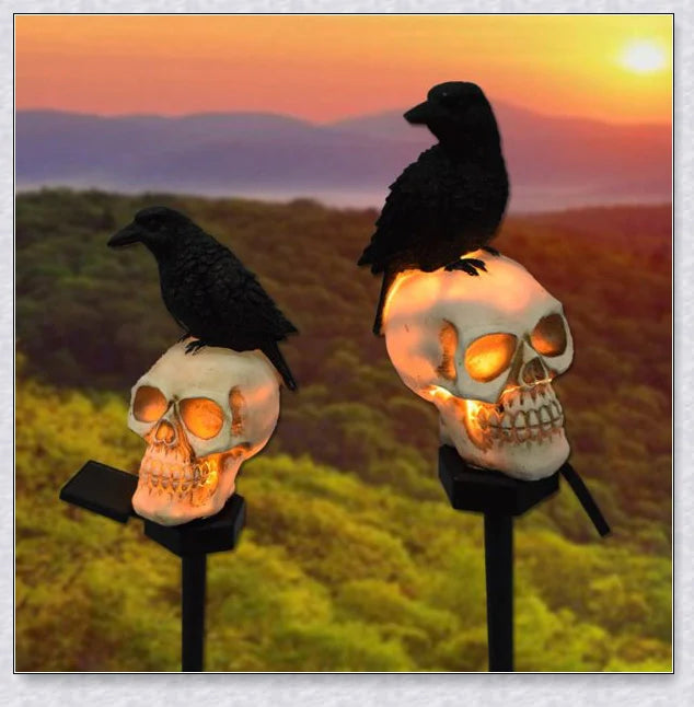 A solar-powered landscape light in the shape of a crow perched on a skull, providing an eerie and captivating outdoor decoration.