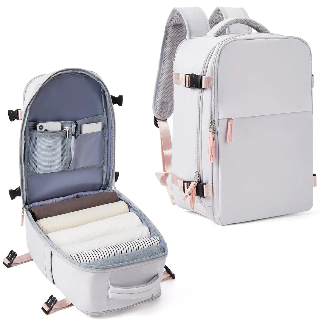 Large travel backpack with waterproof nylon construction, organized interior, and padded shoulder straps for comfortable carrying