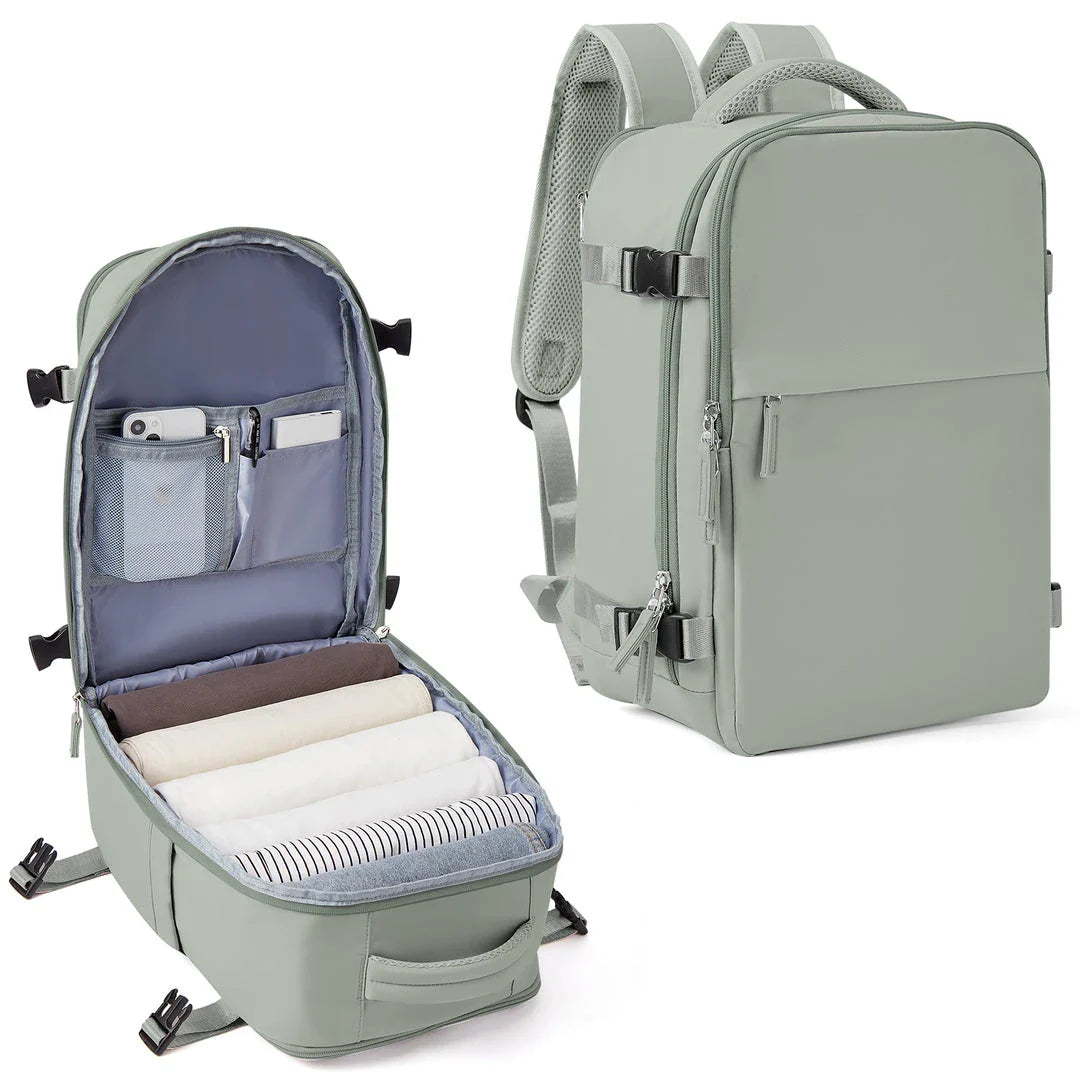 Large travel backpack with waterproof nylon construction, organized interior, and padded shoulder straps for comfortable carrying