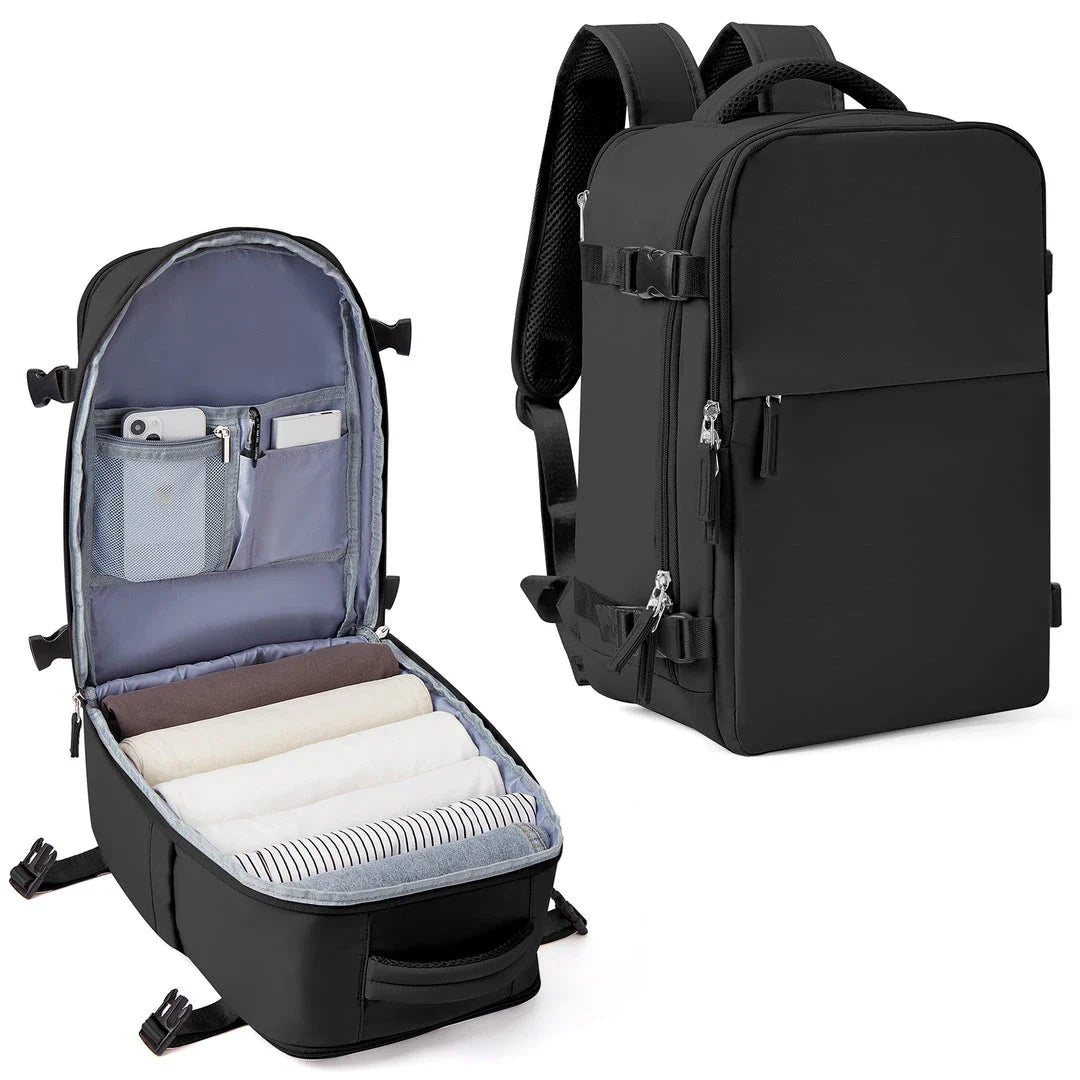 Large travel backpack with waterproof nylon construction, organized interior, and padded shoulder straps for comfortable carrying