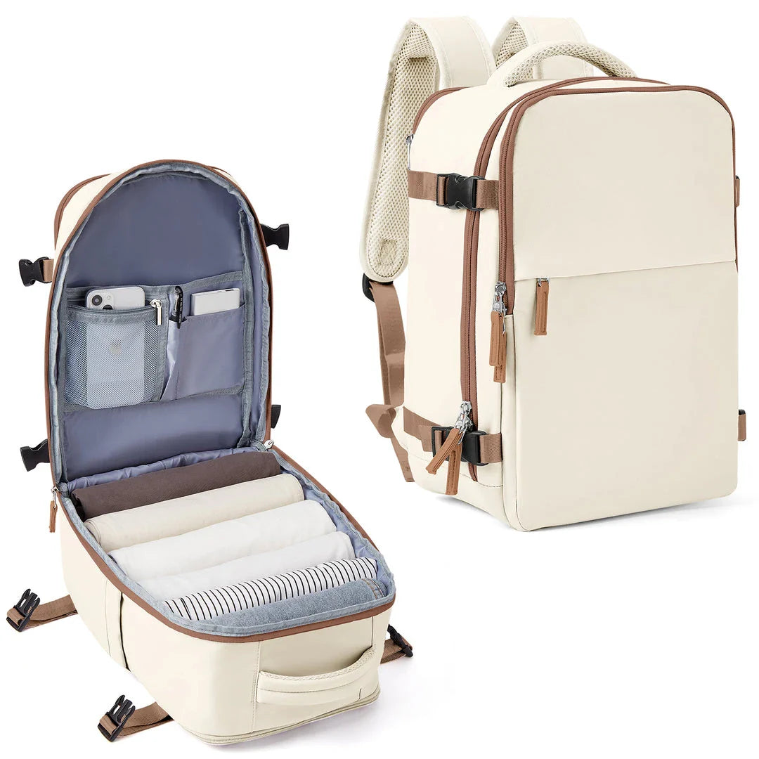 Large travel backpack with waterproof nylon construction, organized interior, and padded shoulder straps for comfortable carrying