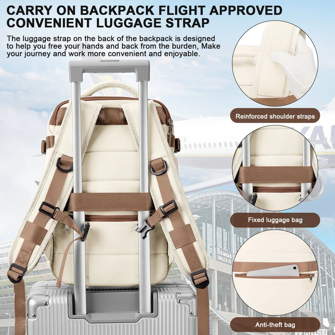 Large travel backpack with waterproof nylon construction, organized interior, and padded shoulder straps for comfortable carrying