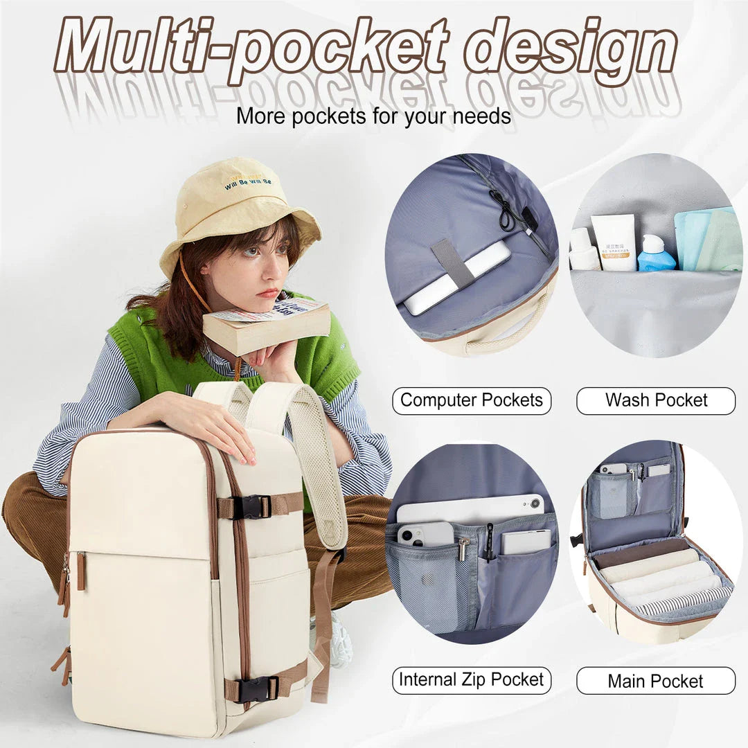 Large travel backpack with waterproof nylon construction, organized interior, and padded shoulder straps for comfortable carrying