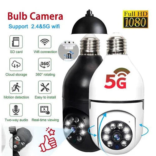 5G WiFi E27 Bulb Surveillance Camera with 360-degree coverage, night vision, and remote control capabilities for comprehensive home security