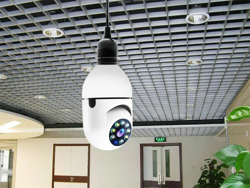 5G WiFi E27 Bulb Surveillance Camera with 360-degree coverage, night vision, and remote control capabilities for comprehensive home security